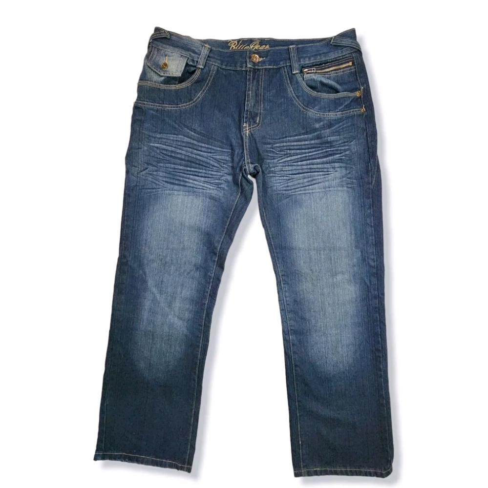 Blue Gear Men's 38x32 Dark Wash Jeans Straight Leg Distressed Denim Zip Pockets